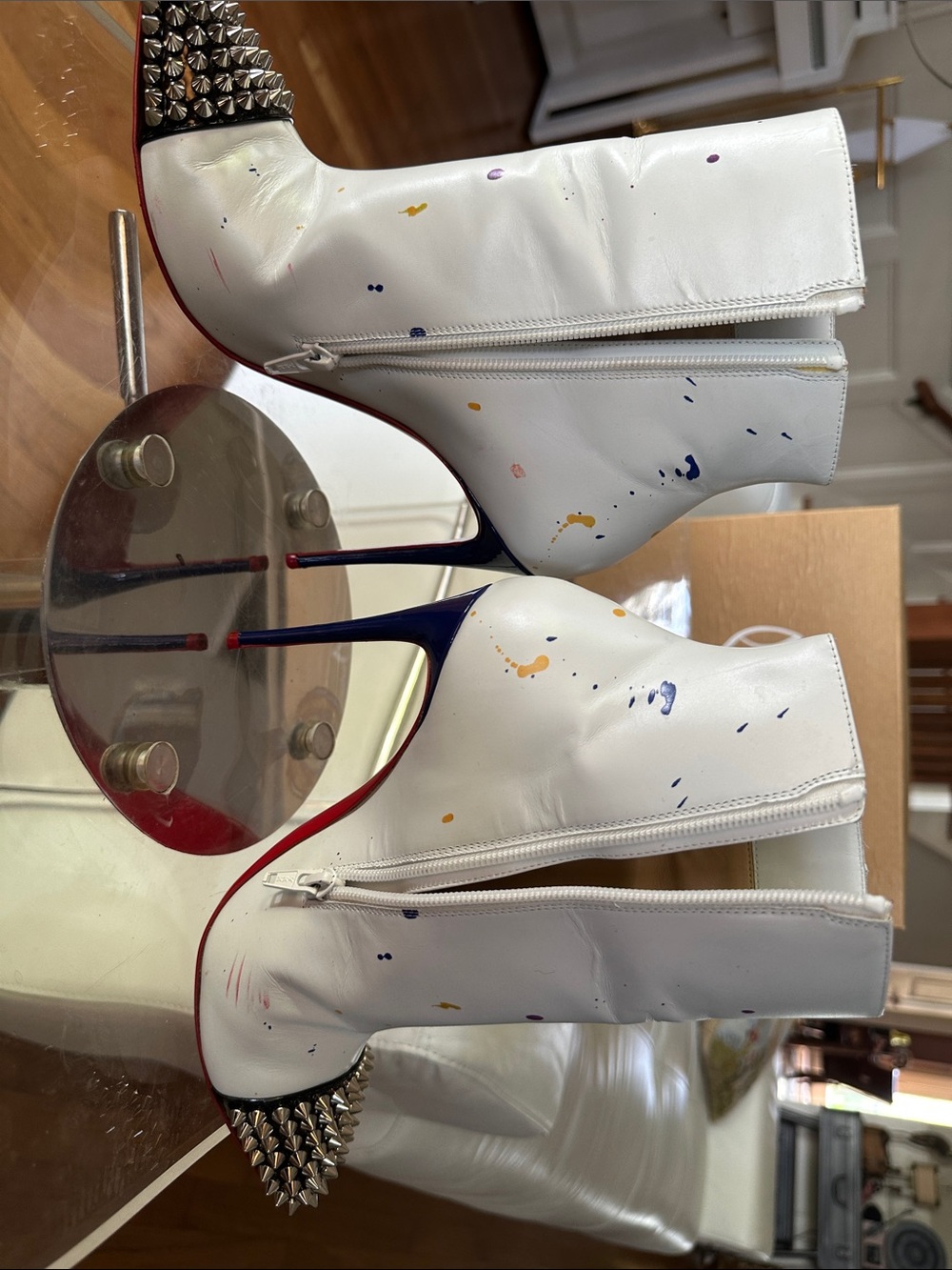 Christian Louboutin White Leather Hand-Painted Spike-Toe Ankle LOVE Boots - Picture 12 of 16